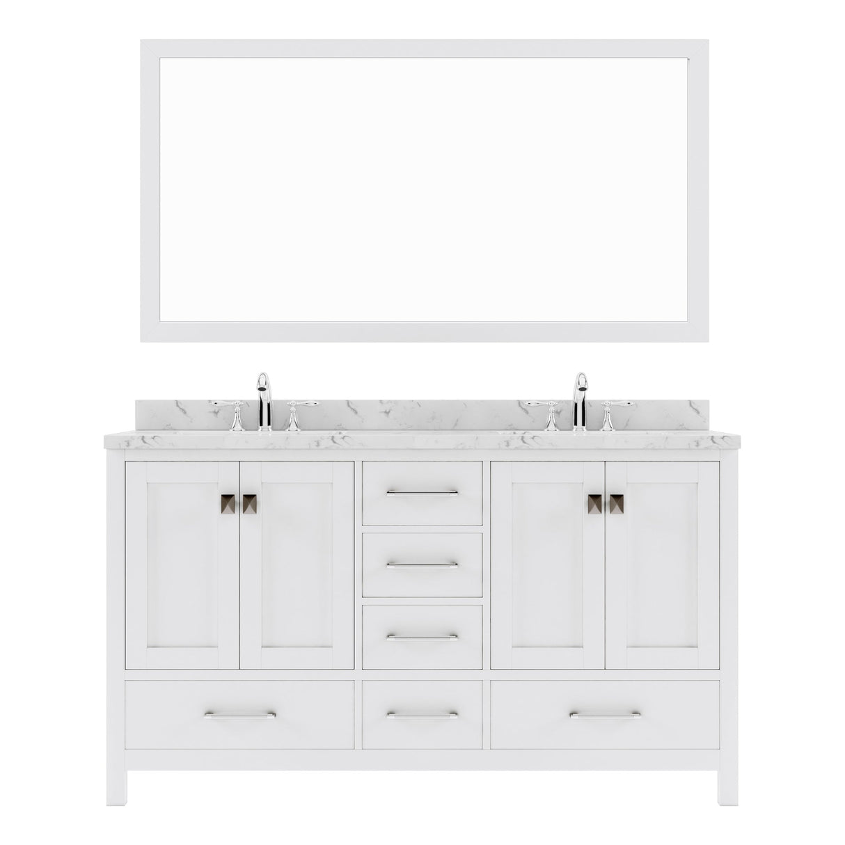 Virtu USA Caroline Avenue 60" Double Bath Vanity with White Quartz Top and Round Sinks with Polished Chrome Faucets with Matching Mirror - Luxe Bathroom Vanities