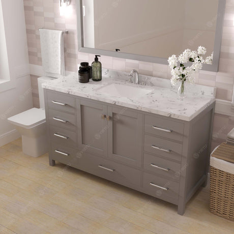 Virtu USA Caroline Avenue 60" Single Bath Vanity with White Quartz Top and Square Sink with Brushed Nickel Faucet with Matching Mirror