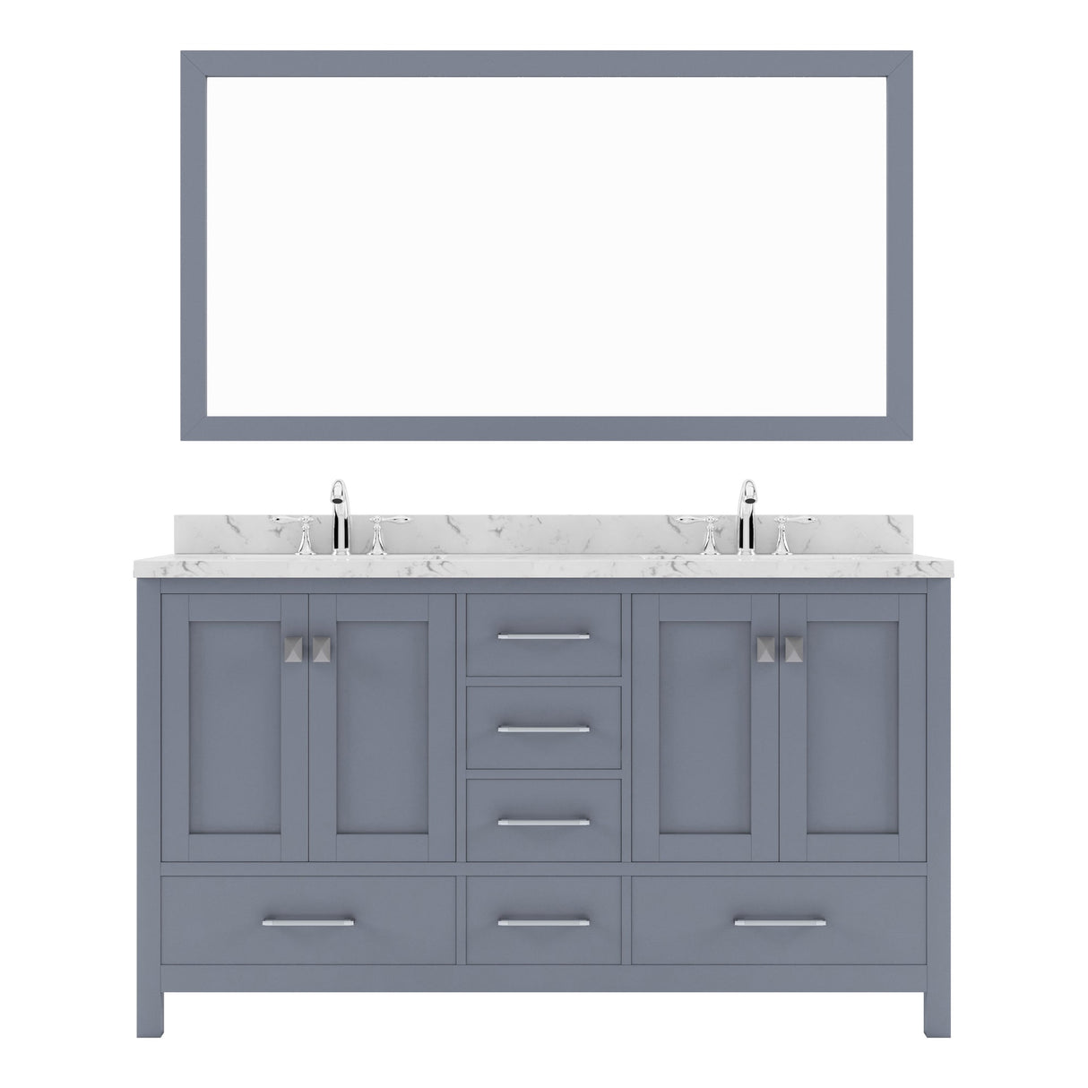 Virtu USA Caroline Avenue 60" Double Bath Vanity with White Quartz Top and Square Sinks with Brushed Nickel Faucets with Matching Mirror - Luxe Bathroom Vanities