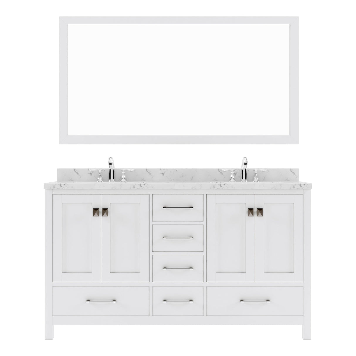 Virtu USA Caroline Avenue 60" Double Bath Vanity with White Quartz Top and Square Sinks with Polished Chrome Faucets with Matching Mirror - Luxe Bathroom Vanities