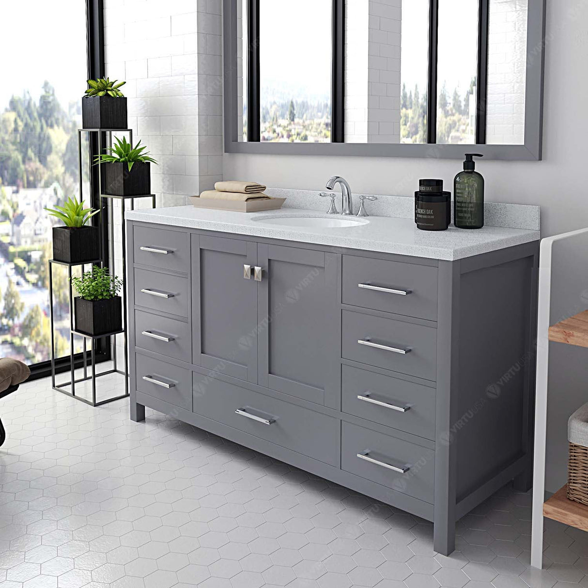 Virtu USA Caroline Avenue 60" Single Bath Vanity with White Quartz Top and Round Sink with Matching Mirror