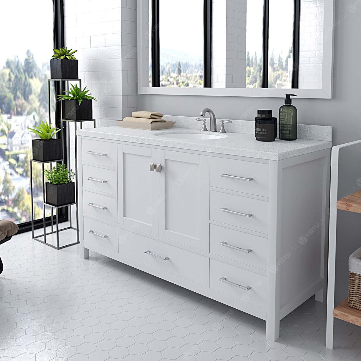 Virtu USA Caroline Avenue 60" Single Bath Vanity with White Quartz Top and Round Sink with Matching Mirror