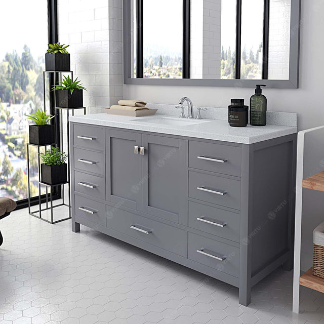 Virtu USA Caroline Avenue 60" Single Bath Vanity with White Quartz Top and Square Sink with Matching Mirror