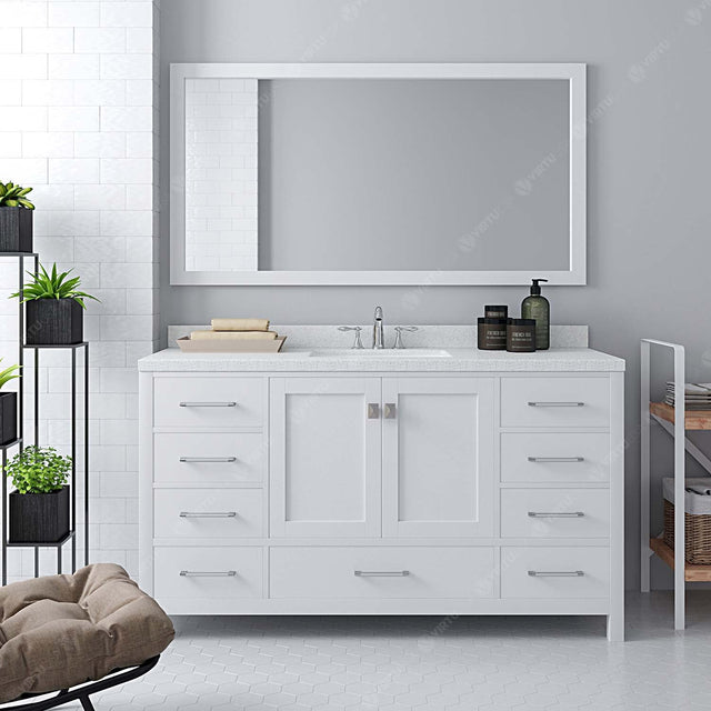 Virtu USA Caroline Avenue 60" Single Bath Vanity with White Quartz Top and Square Sink with Matching Mirror