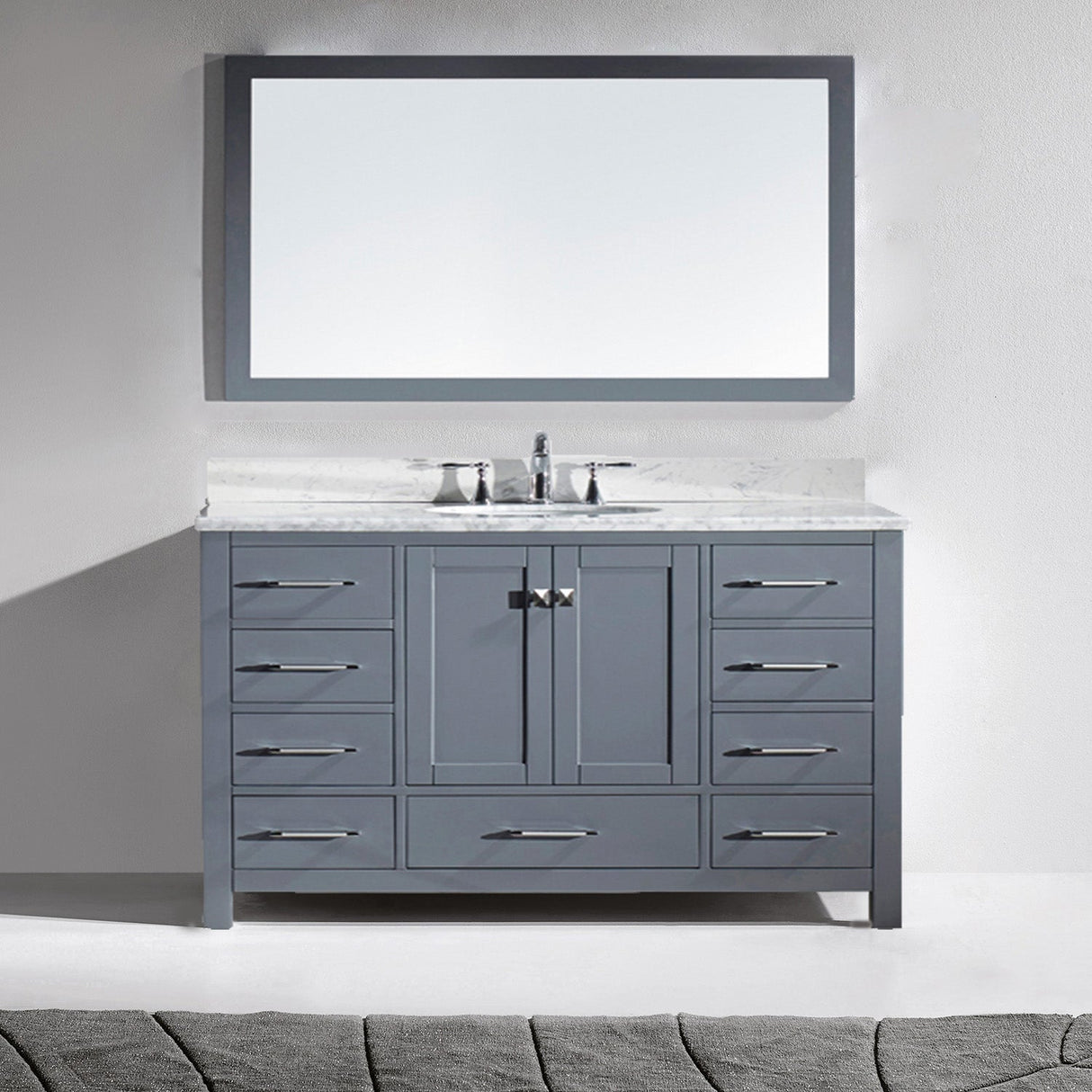 Virtu USA Caroline Avenue 60" Single Bath Vanity with White Marble Top and Round Sink with Matching Mirror