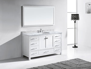Virtu USA Caroline Avenue 60" Single Bath Vanity with White Marble Top and Round Sink with Matching Mirror