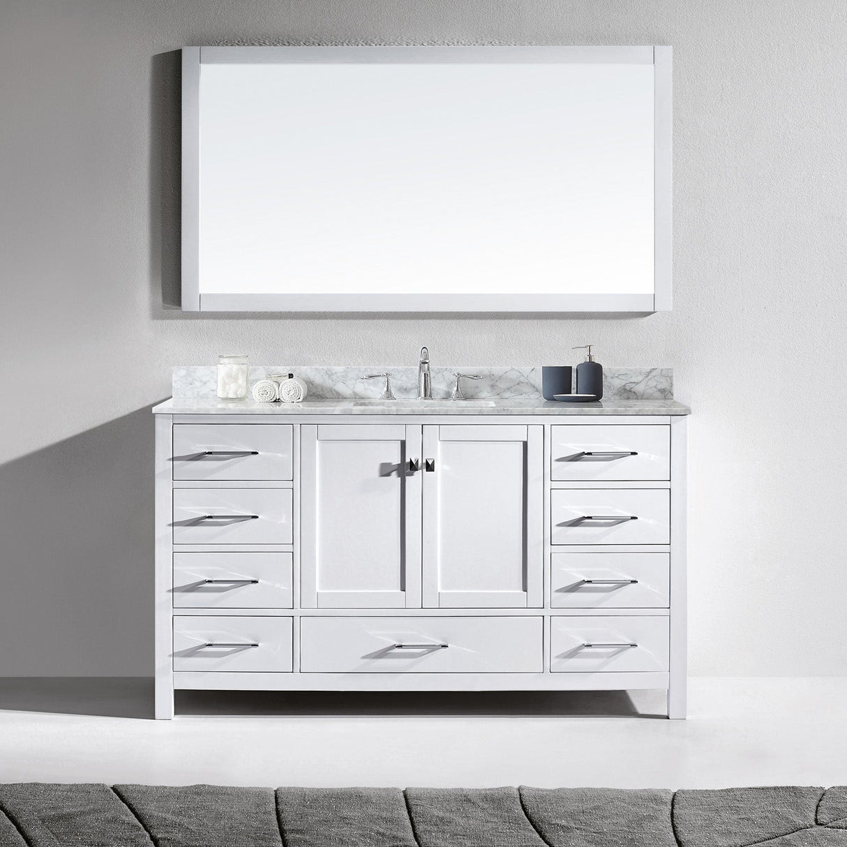 Virtu USA Caroline Avenue 60" Single Bath Vanity with White Marble Top and Square Sink with Matching Mirror