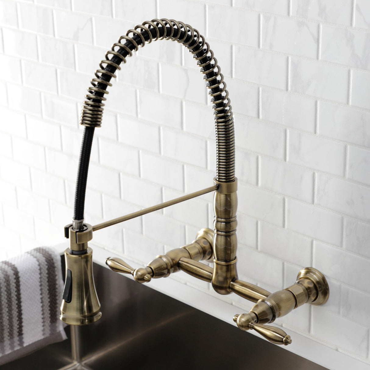 Heritage GS1243AL Wall Mount Pull-Down Sprayer Kitchen Faucet, Antique Brass