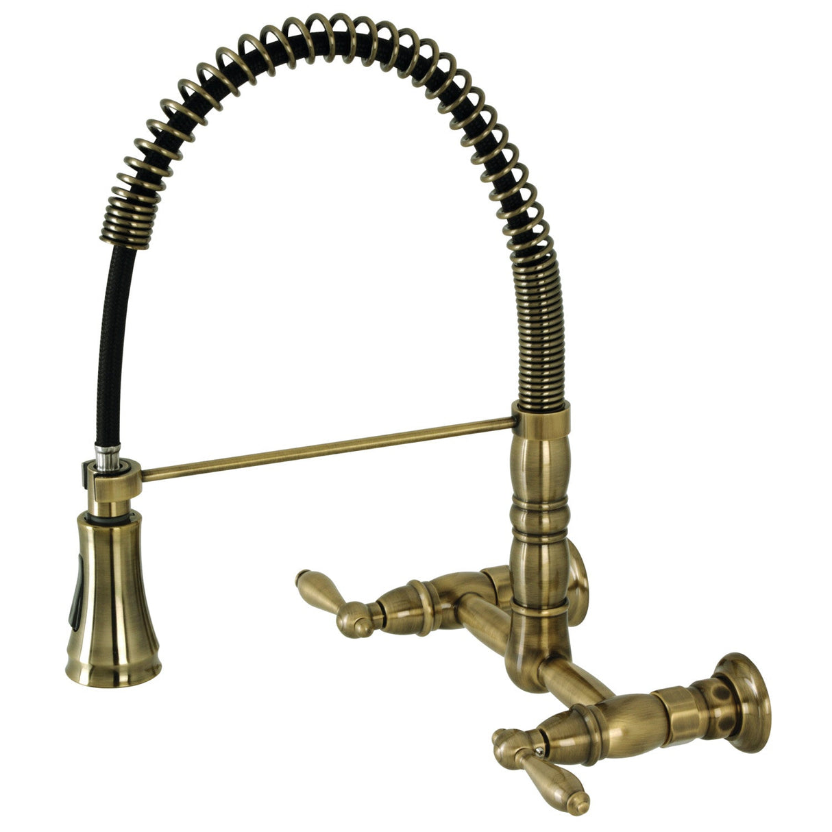 Heritage GS1243AL Wall Mount Pull-Down Sprayer Kitchen Faucet, Antique Brass