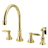 Georgian GS2792GLBS Two-Handle 4-Hole Deck Mount Widespread Kitchen Faucet with Side Sprayer, Polished Brass