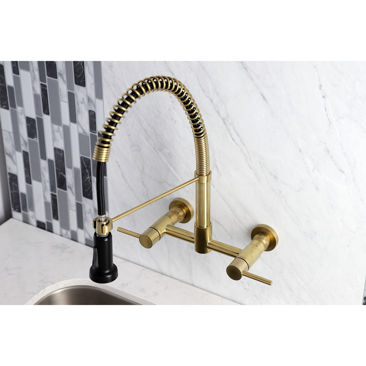 Concord GS8187DL Two-Handle 2-Hole Wall Mount Pull-Down Sprayer Kitchen Faucet, Brushed Brass