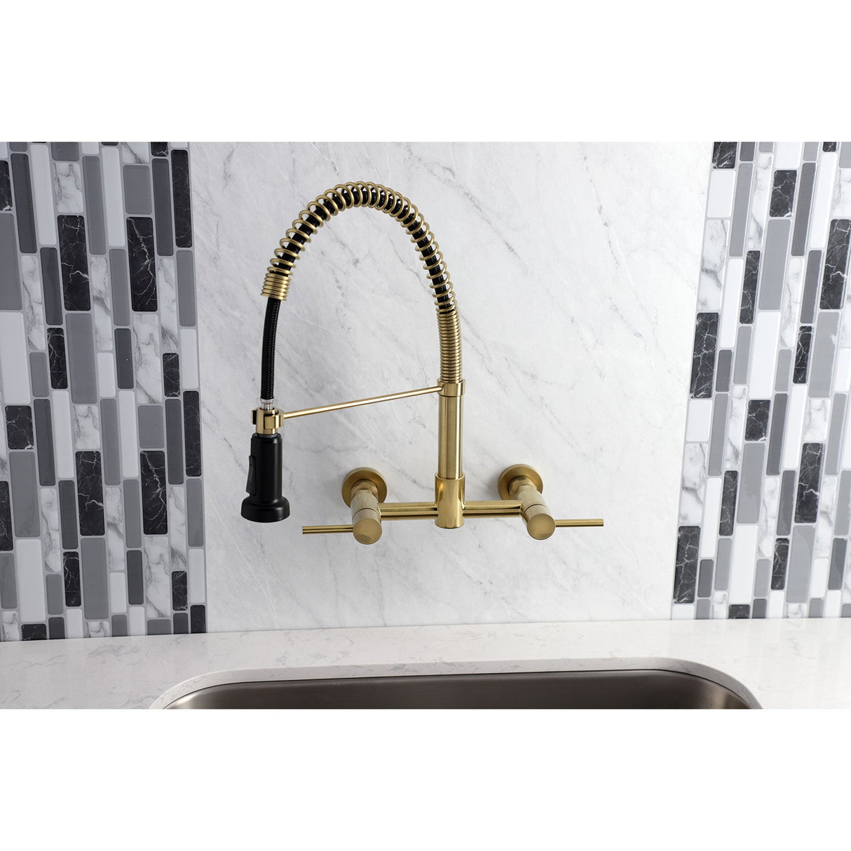 Concord GS8187DL Two-Handle 2-Hole Wall Mount Pull-Down Sprayer Kitchen Faucet, Brushed Brass