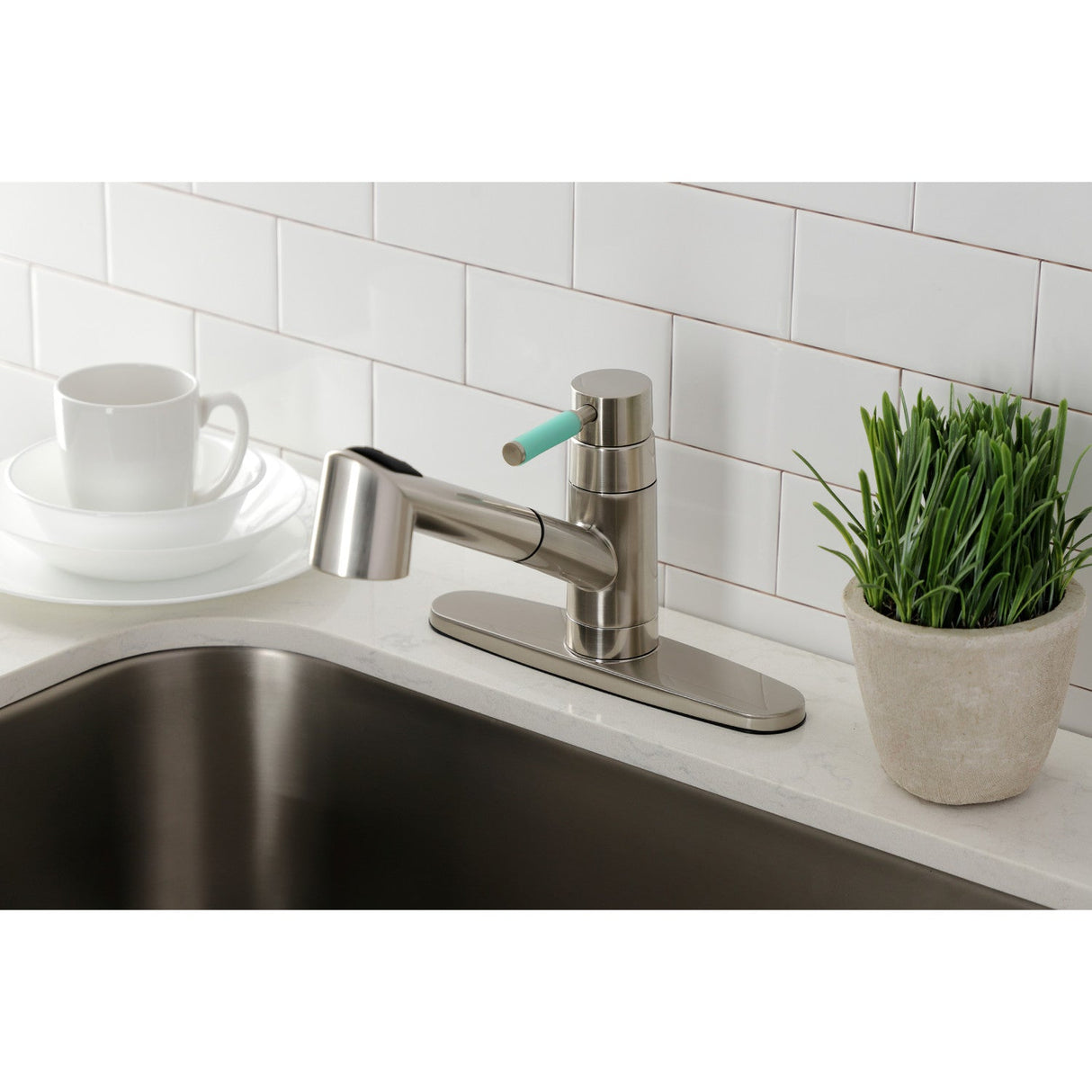Kaiser GSC8578DKL Single-Handle 1-or-3 Hole Deck Mount Pull-Out Sprayer Kitchen Faucet, Brushed Nickel