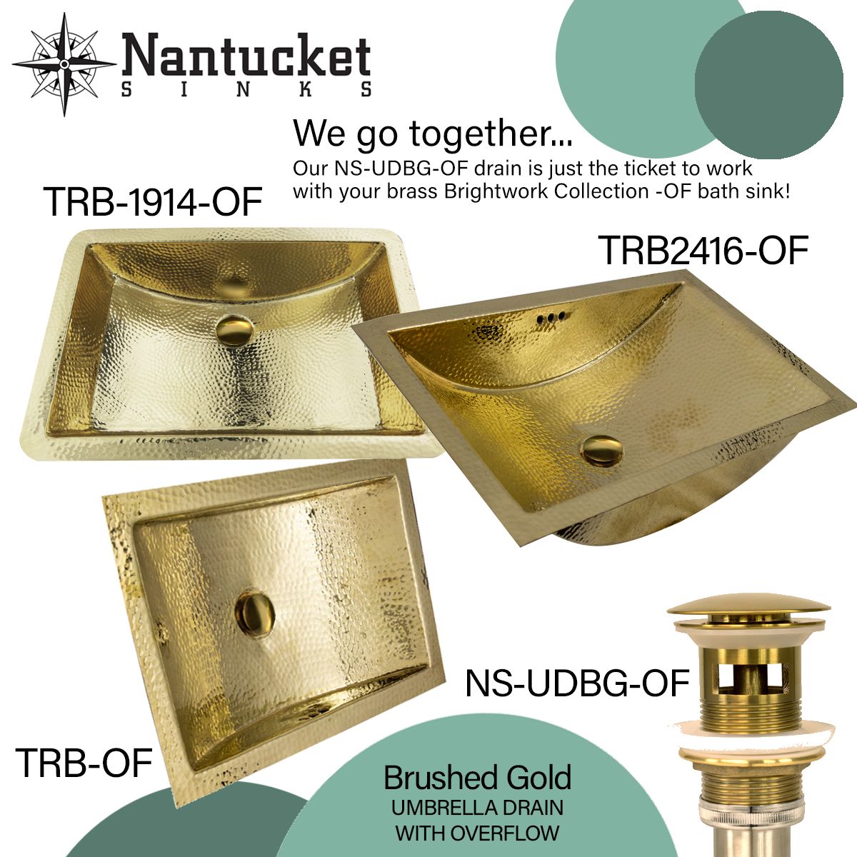 Nantucket Sinks  TRB-1914-OF - 21 Inch Hand Hammered Brass Rectangle Undermount Bathroom Sink with Overflow