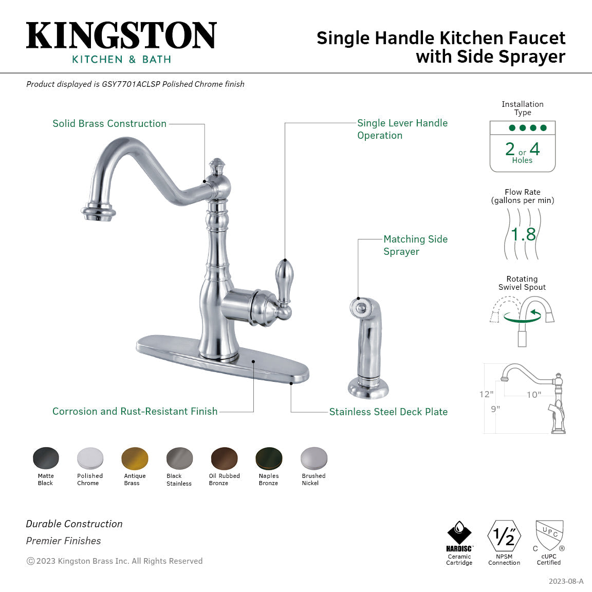 American Classic GSY7700ACLSP Single-Handle 2-or-4 Hole Deck Mount Kitchen Faucet with Brass Sprayer, Matte Black