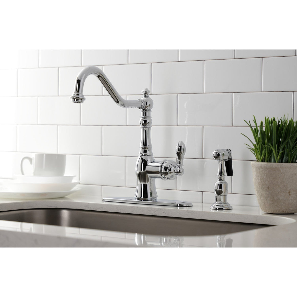 American Classic GSY7701ACLBS Single-Handle 2-or-4 Hole Deck Mount Kitchen Faucet with Brass Sprayer, Polished Chrome