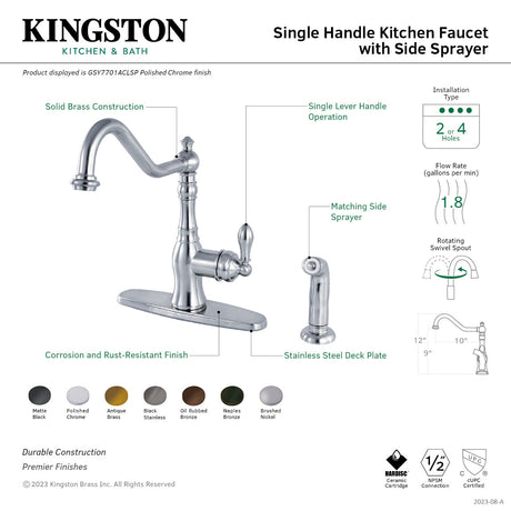 American Classic GSY7701ACLSP Single-Handle 2-or-4 Hole Deck Mount Kitchen Faucet with Brass Sprayer, Polished Chrome
