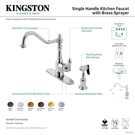 American Classic GSY7707ACLBS Single-Handle 2-or-4 Hole Deck Mount Kitchen Faucet with Brass Sprayer, Brushed Brass