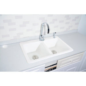 Petra Galley GT33229D2 33-Inch Cast Iron Self-Rimming 2-Hole Double Bowl Drop-In Kitchen Sink, White