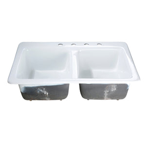 Petra Galley GT33229D4 33-Inch Cast Iron Self-Rimming 4-Hole Double Bowl Drop-In Kitchen Sink, White