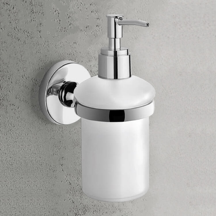 Soap Dispenser, Wall Mounted, Rounded, Frosted Glass With Chrome Mounting