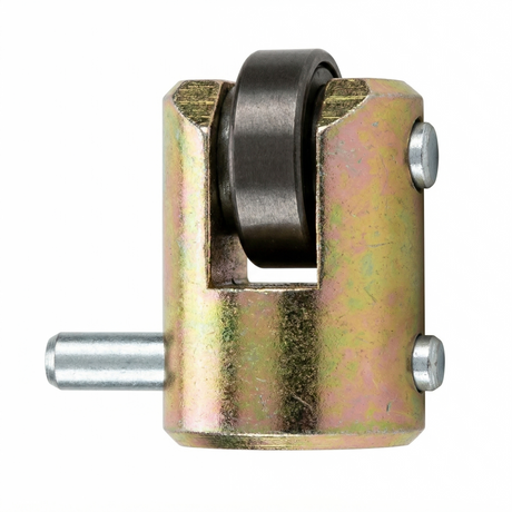 Metal mechanical component with a cylindrical shaft and bearings on a white background