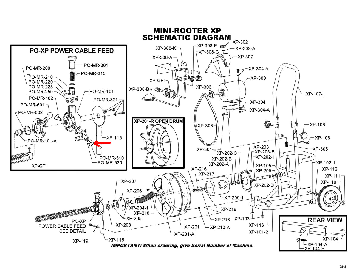 Technical diagram of a mini-rooter XP machine with labeled parts and views. General Wire PO-MR-510 Snap Ring
