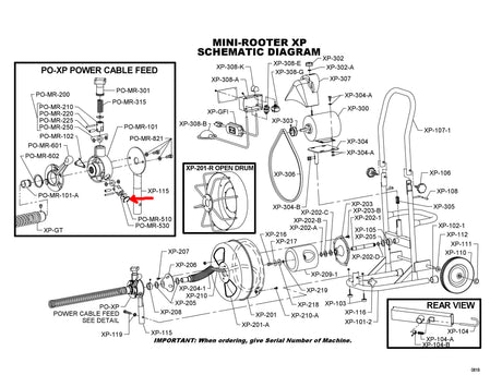 Technical diagram of a mini-rooter XP machine with labeled parts and views. General Wire PO-MR-510 Snap Ring

