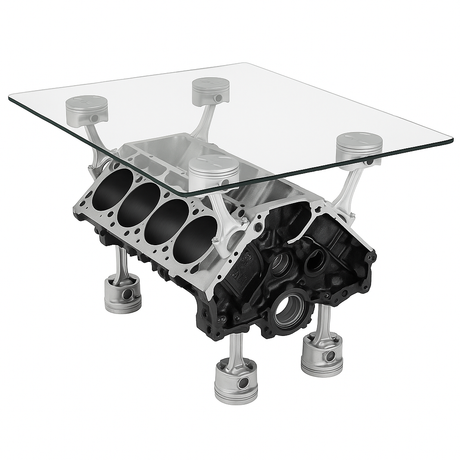 Glass table made from an engine block on a white background