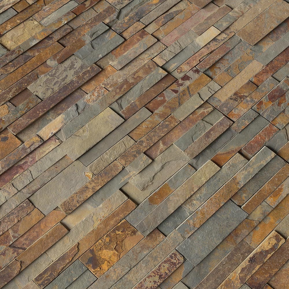 Gold rush splitface ledger panel 6X24 natural slate wall tile LPNLSGLDRUS624 product shot multiple tiles angle view