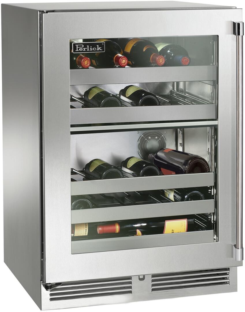 Perlick 24" Signature Series Built-In Wine Cooler with 32 Bottle Capacity Dual Zone with Glass Door in Stainless Steel  (HP24DM-4-3)