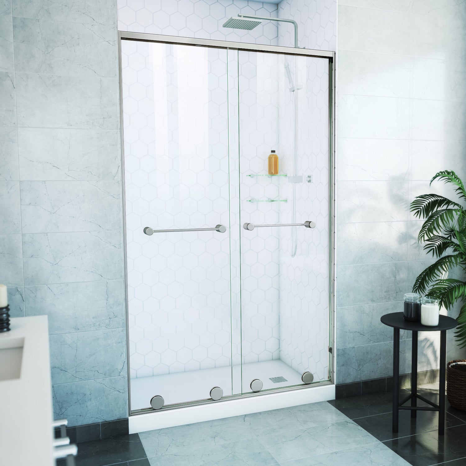 DreamLine Harmony 44-48 in. W x 76 in. H Semi-Frameless Bypass Shower Door in Brushed Nickel and Clear Glass
