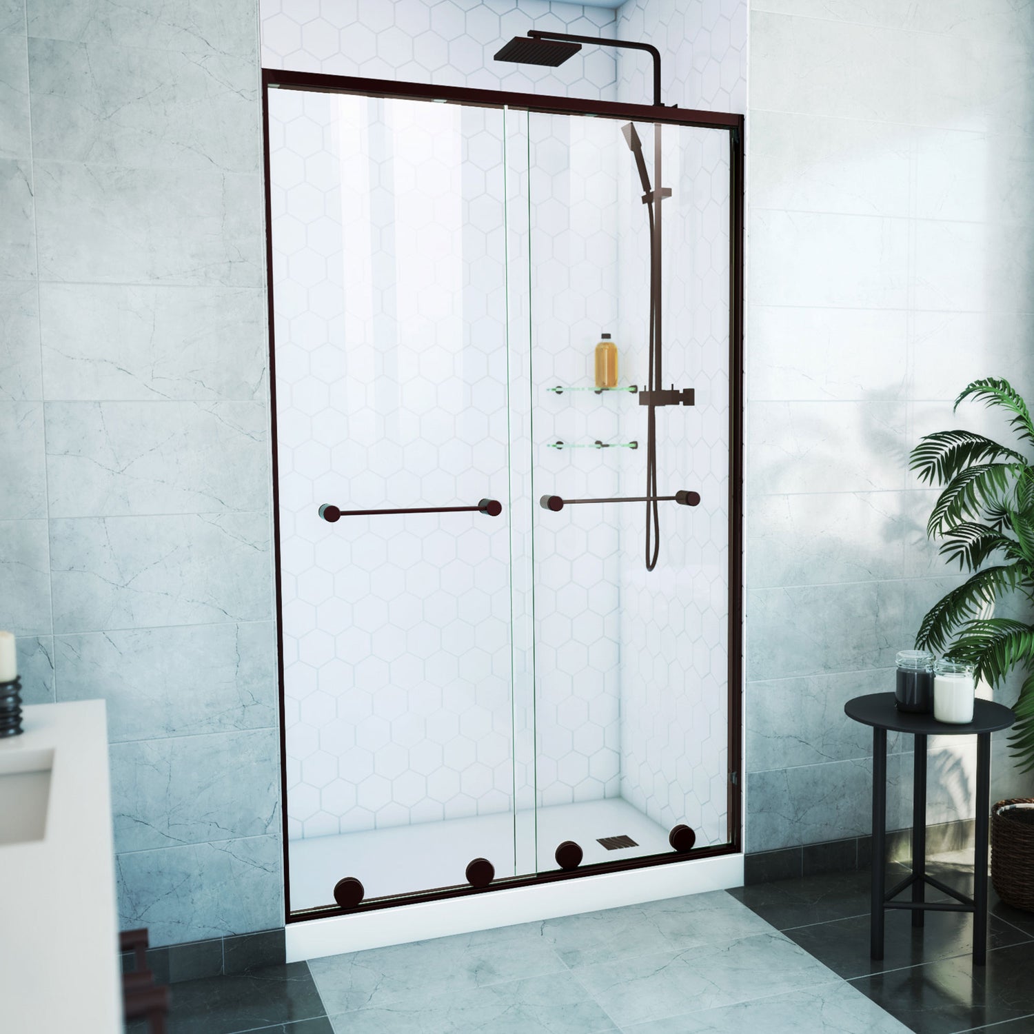 DreamLine Harmony 44-48 in. W x 76 in. H Semi-Frameless Bypass Shower Door in Oil Rubbed Bronze and Clear Glass