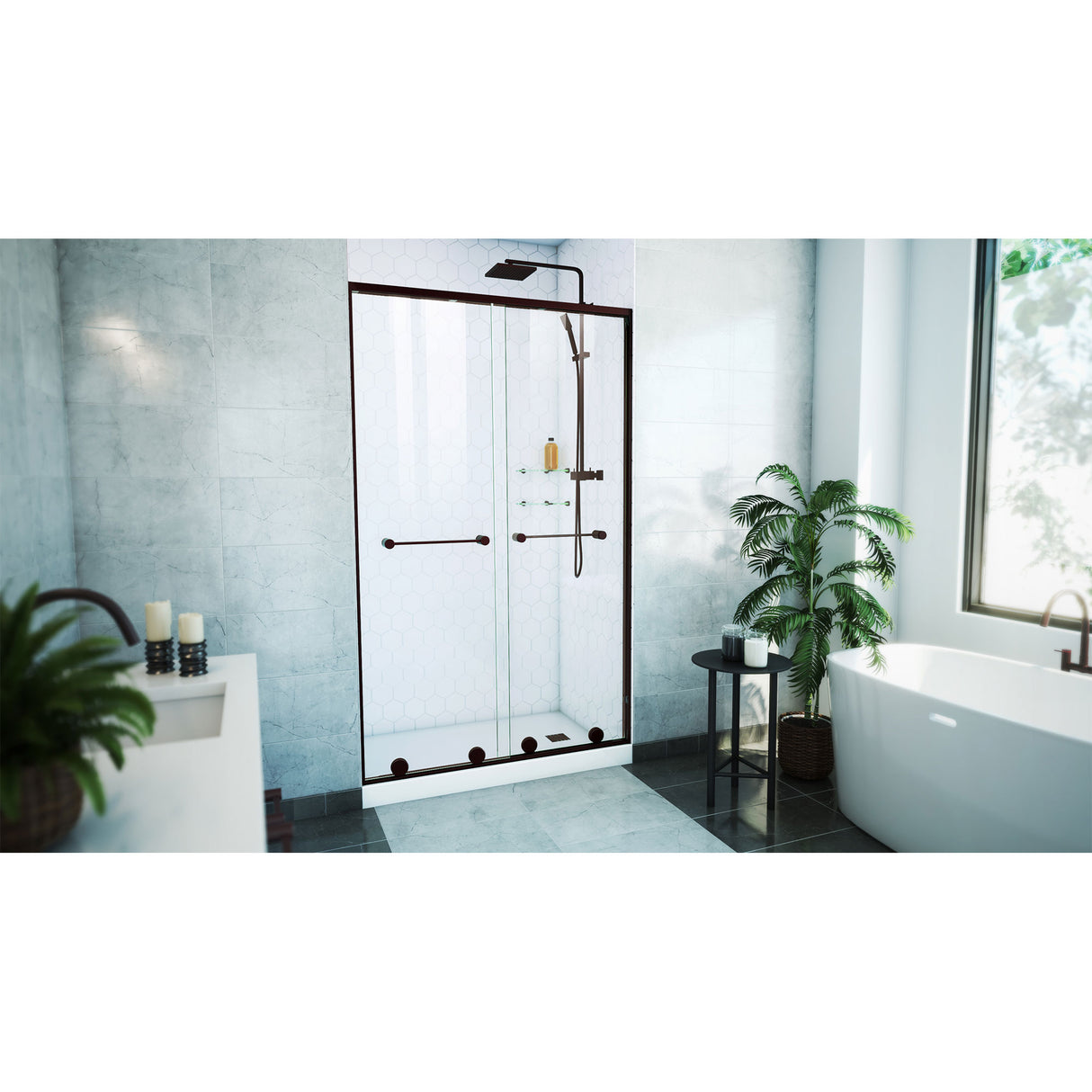 DreamLine Harmony 44-48 in. W x 76 in. H Semi-Frameless Bypass Shower Door in Oil Rubbed Bronze and Clear Glass