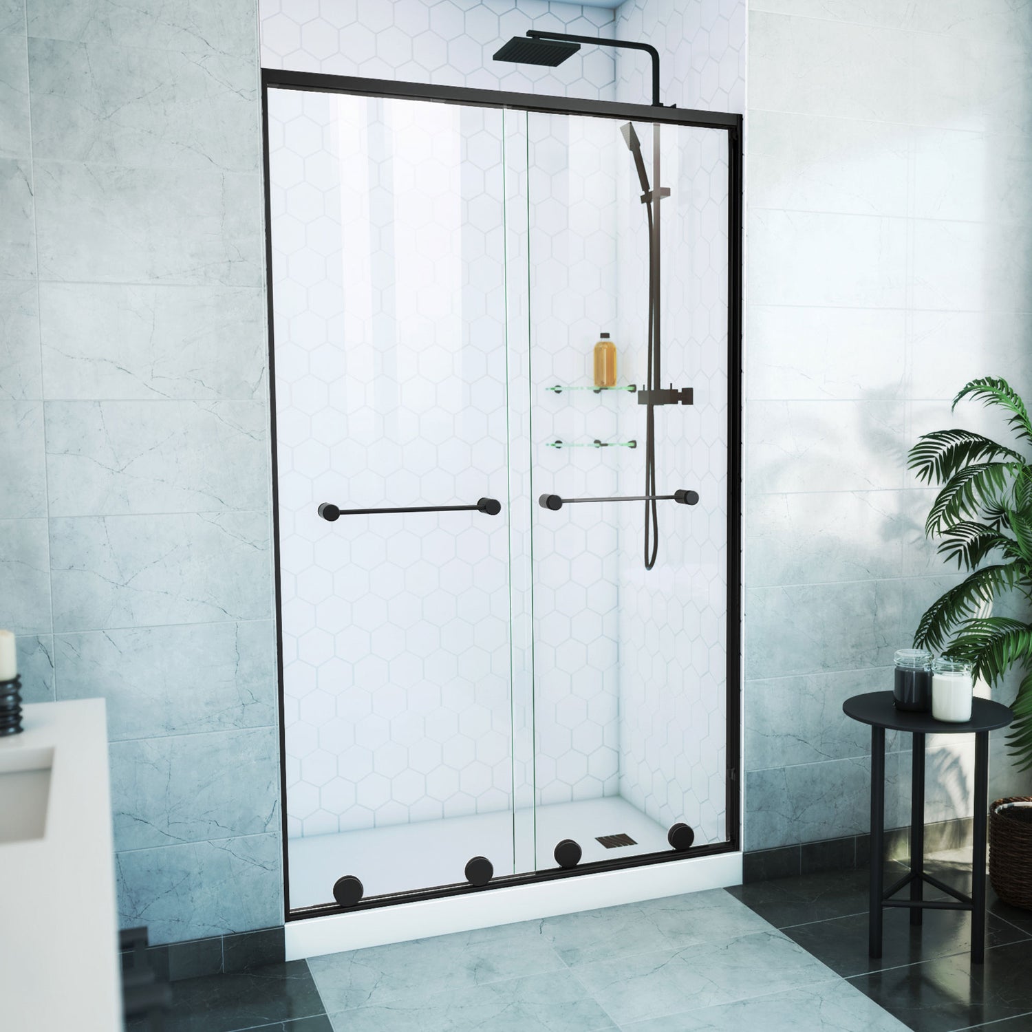 DreamLine Harmony 44-48 in. W x 76 in. H Semi-Frameless Bypass Shower Door in Satin Black and Clear Glass