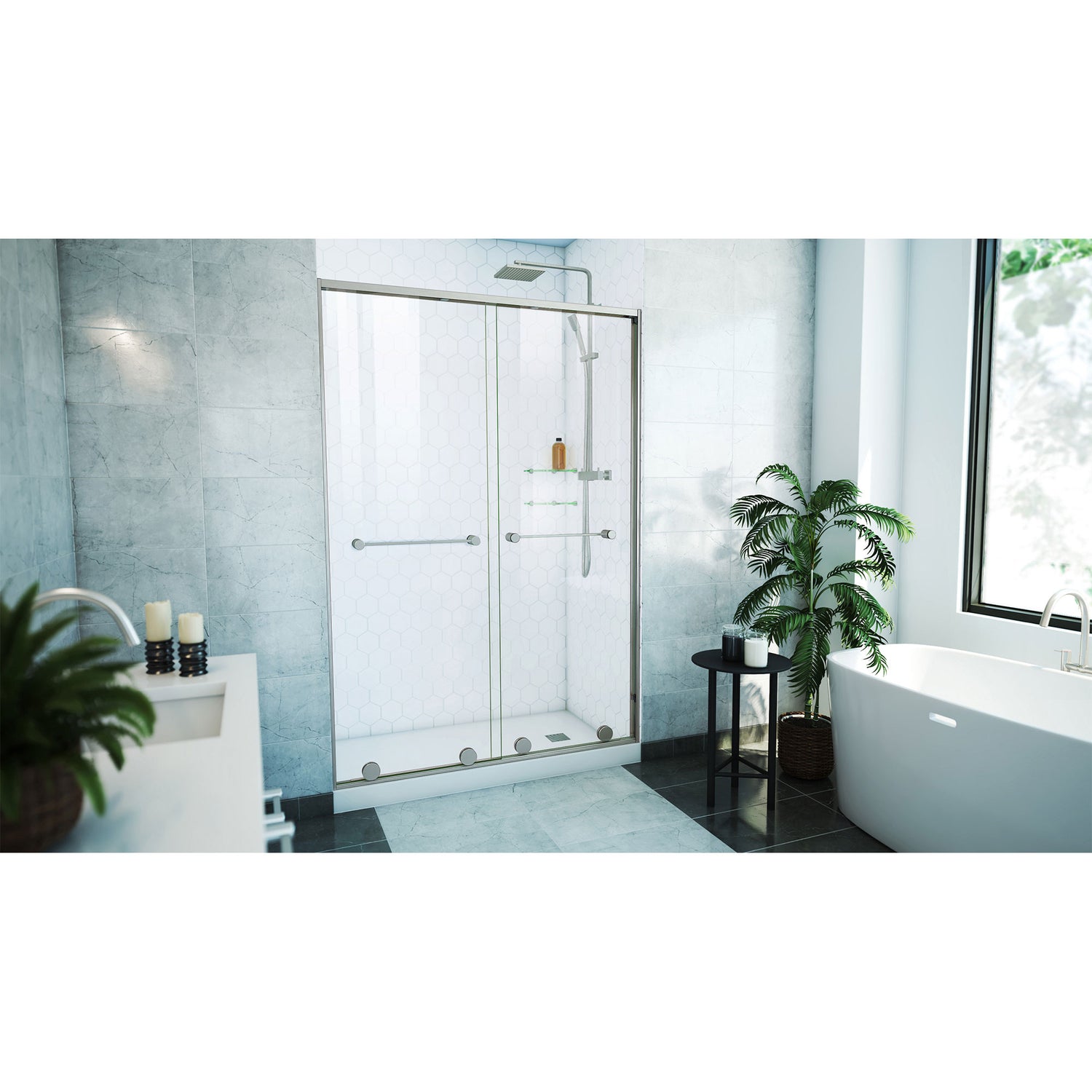 DreamLine Harmony 50-54 in. W x 76 in. H Semi-Frameless Bypass Shower Door in Brushed Nickel and Clear Glass