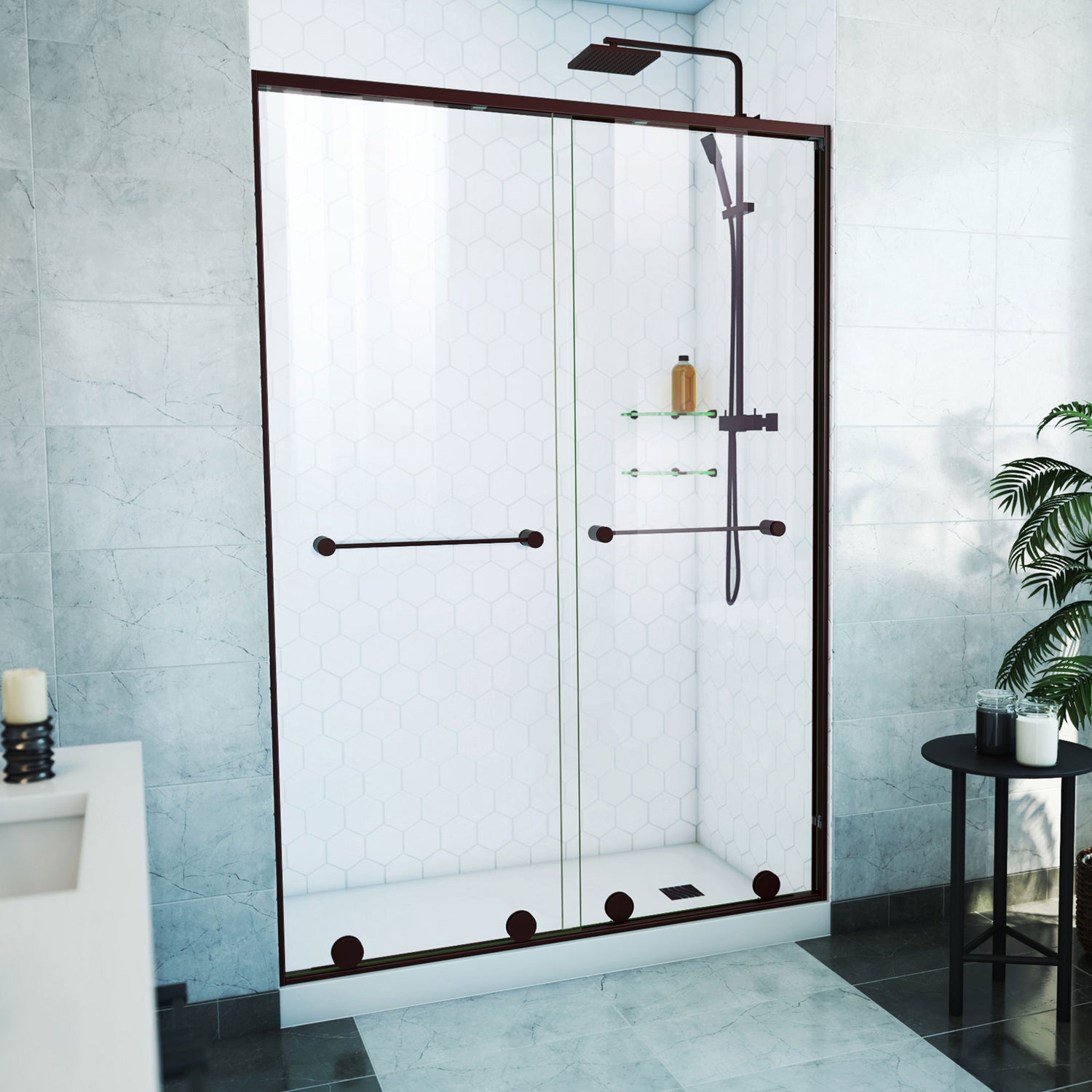 DreamLine Harmony 50-54 in. W x 76 in. H Semi-Frameless Bypass Shower Door in Oil Rubbed Bronze and Clear Glass