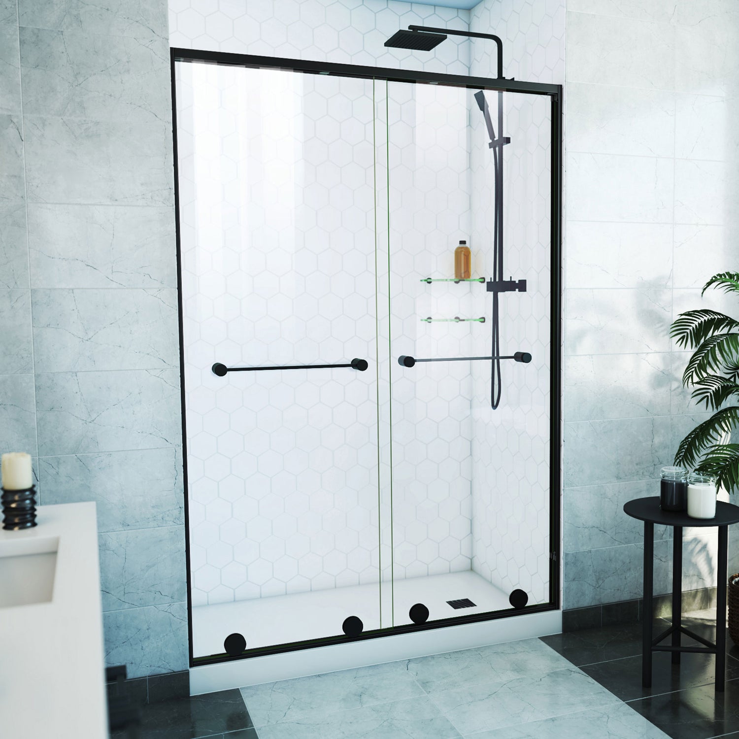 DreamLine Harmony 50-54 in. W x 76 in. H Semi-Frameless Bypass Shower Door in Satin Black and Clear Glass