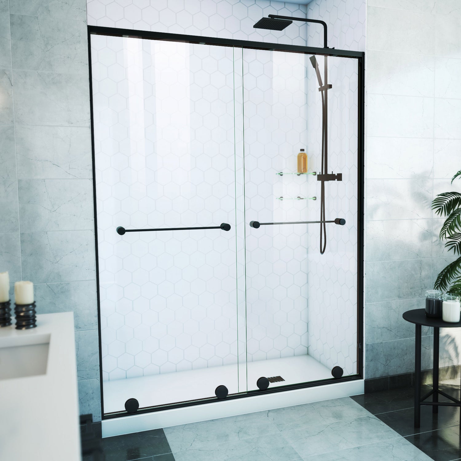 DreamLine Harmony 56-60 in. W x 76 in. H Semi-Frameless Bypass Shower Door in Satin Black and Clear Glass