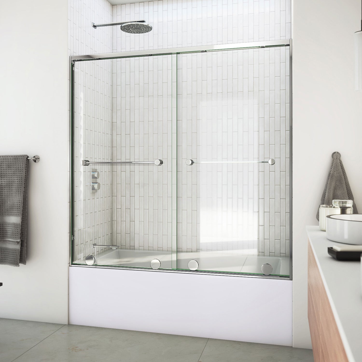 DreamLine Harmony 56-60 in. W x 58 in. H Semi-Frameless Bypass Tub Door in Chrome and Clear Glass