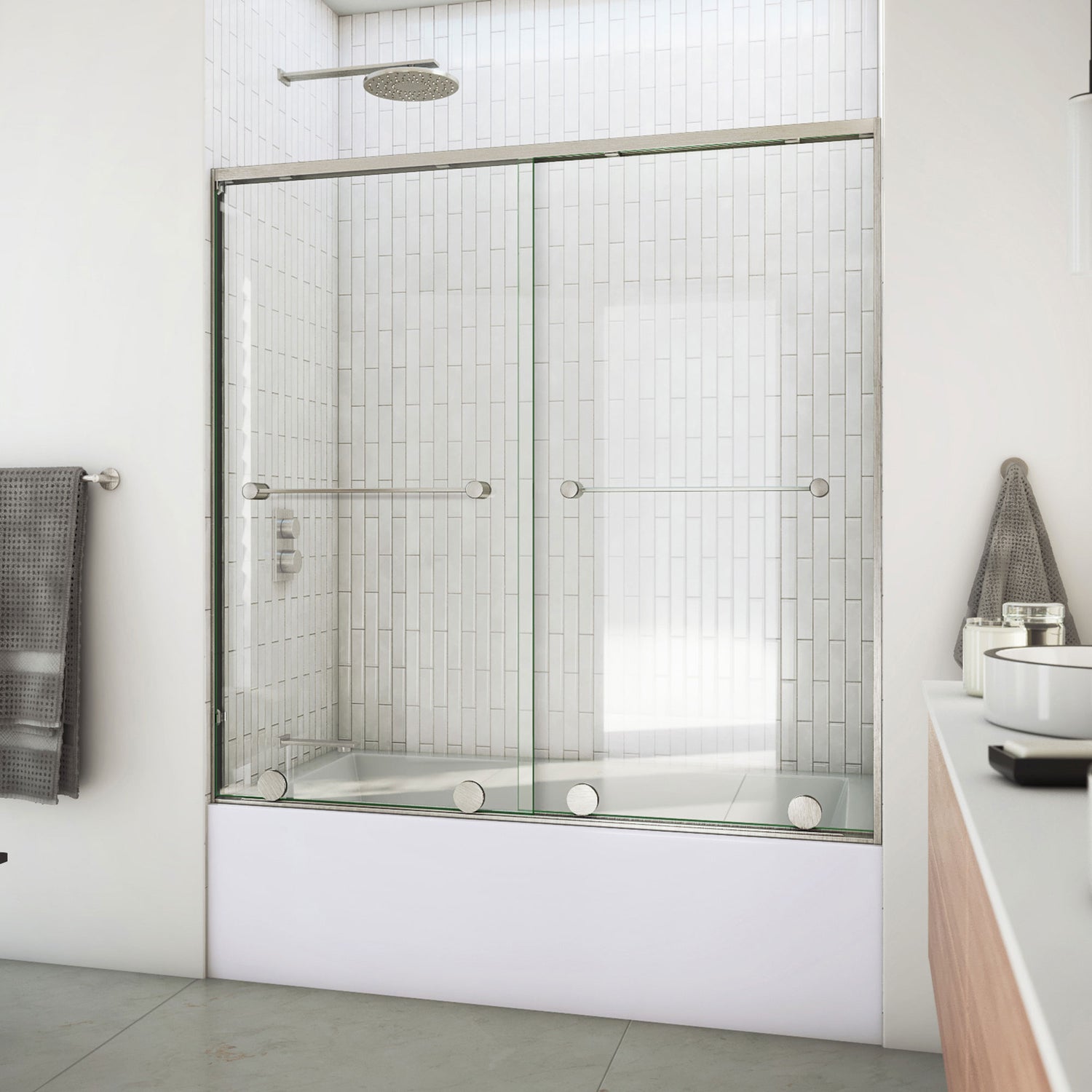 DreamLine Harmony 56-60 in. W x 58 in. H Semi-Frameless Bypass Tub Door in Brushed Nickel and Clear Glass