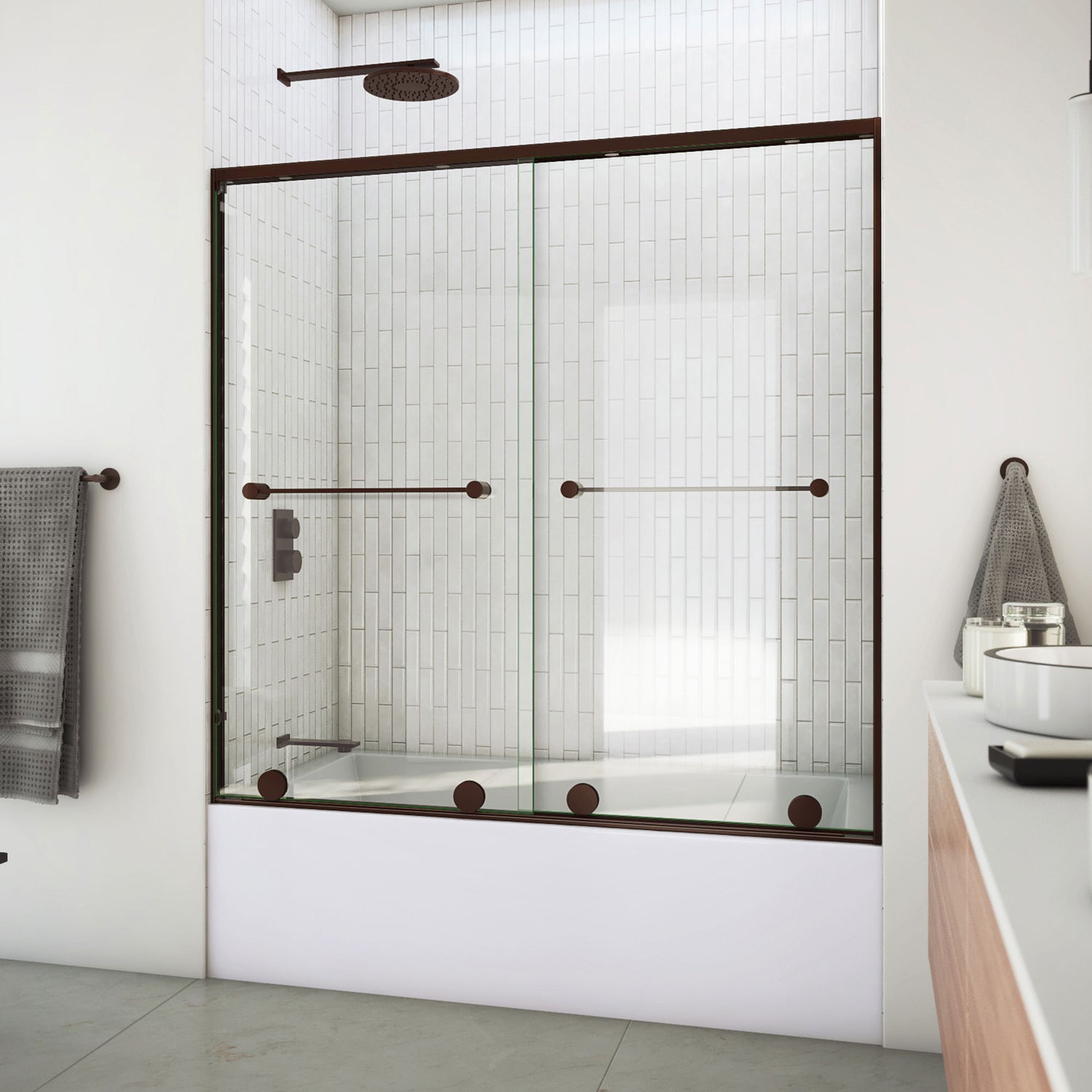 DreamLine Harmony 56-60 in. W x 58 in. H Semi-Frameless Bypass Tub Door in Oil Rubbed Bronze and Clear Glass