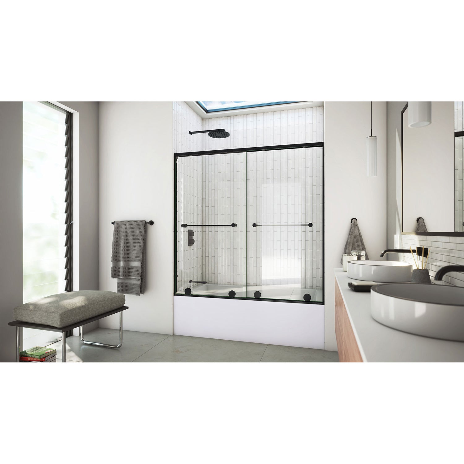 DreamLine Harmony 56-60 in. W x 58 in. H Semi-Frameless Bypass Tub Door in Satin Black and Clear Glass