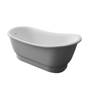 White freestanding bathtub in a modern bathroom setting with a gray rug and slippers.