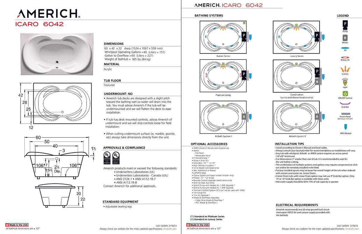 Americh IC6042TA5-BI Icaro 6042 - Tub Only / Airbath 5 - Biscuit