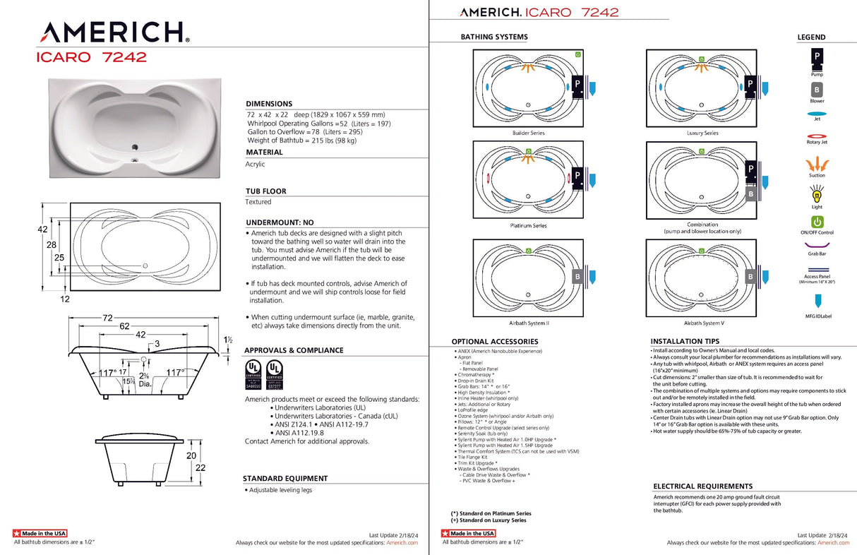 Americh IC7242TA5-BI Icaro 7242 - Tub Only / Airbath 5 - Biscuit