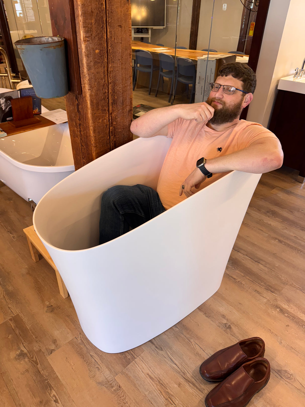 Poshhaus 48" Japanese Soaker Freestanding Bathtub Solid Surface with Stool - Floor Model for Sale