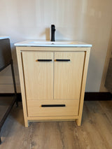 24"  Natural Oak Vanity Set with Ceramic Top and Integrated Sink, and Black Faucet