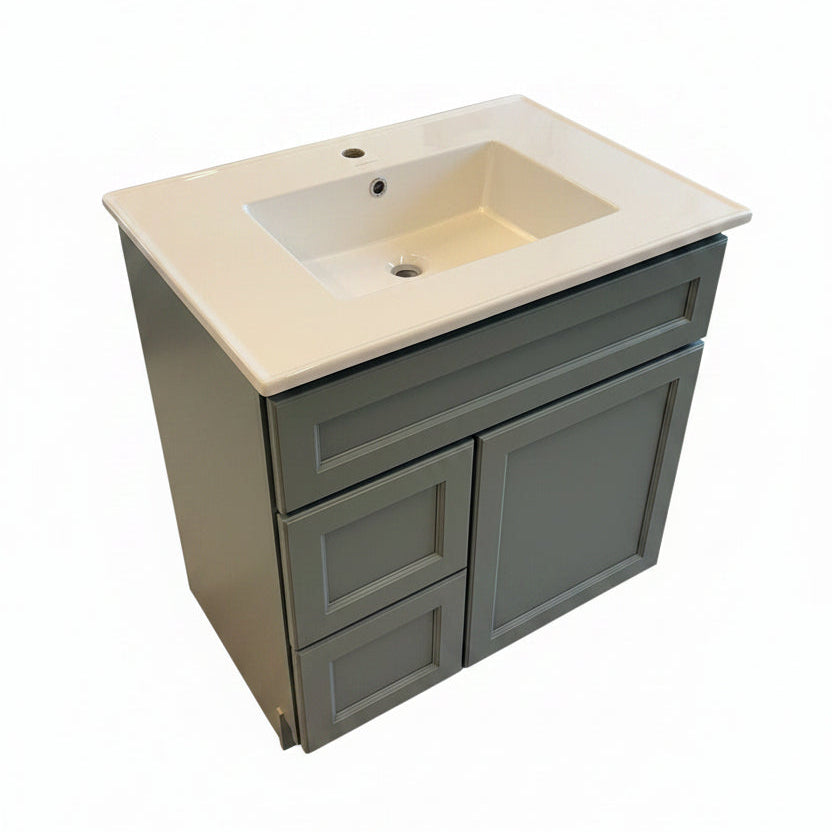 31" Sage Green J&K Cabinetry Vanity with Swiss Madison Ceramic Vanity Top & Dual Drawer Storage