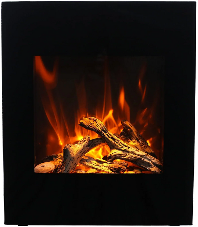 Amantii WM-BI-2428-VLR-BG Wall Mount or Built In Smart Electric, WiFi Enabled Fireplace, includes a Black Glass Surround, MultiFunction Remote Control and Multi Speed Flame Motor, and 7 Piece Oak Log Set and Sable Glass